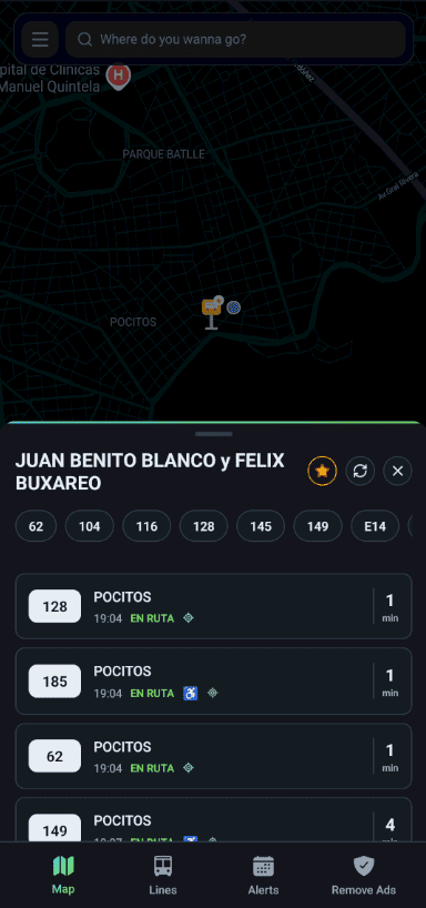 Lista de líneas de una parada con tiempos en vivo