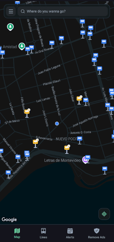 Pantalla principal del mapa en la app